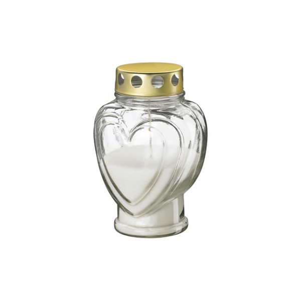 picture of heart shaped clear glass and white candle lantern