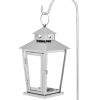 picture of hanging shiny steel and glass rustic style lantern on a hook for candles or battery candle